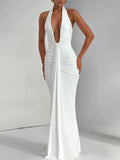 Deep V Neck Draped Ruched Sexy Halter Sleeveless Backless Club Party Long Dress