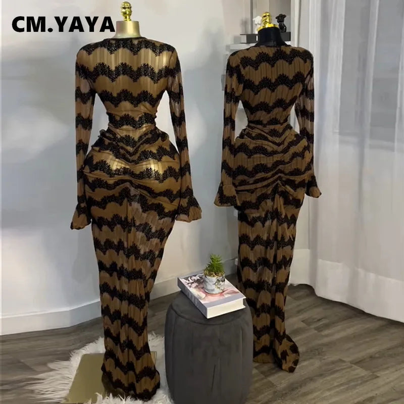 Kansas City Flare Full Sleeve Wave Striped Ruched Stacked Bodycon Long Maxi Dress
