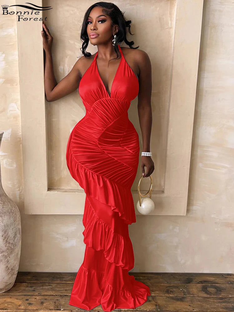 Bonnie Forest Halter Neck Ruched Mermaid Elegant V-Neck Ruffle Maxi Dress