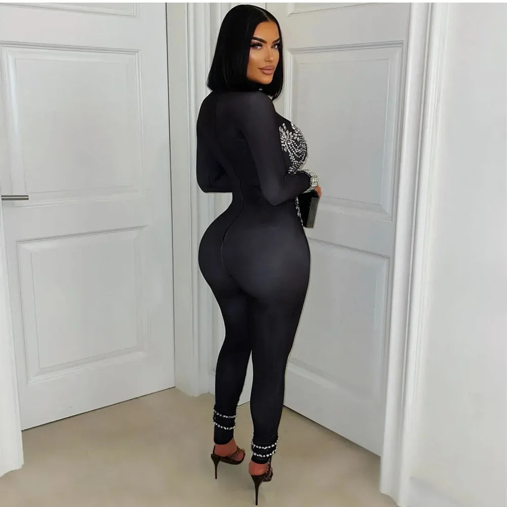 Upper East Sexy Rhinestone Patchwork Solid See Through Sparkling Jumpsuit