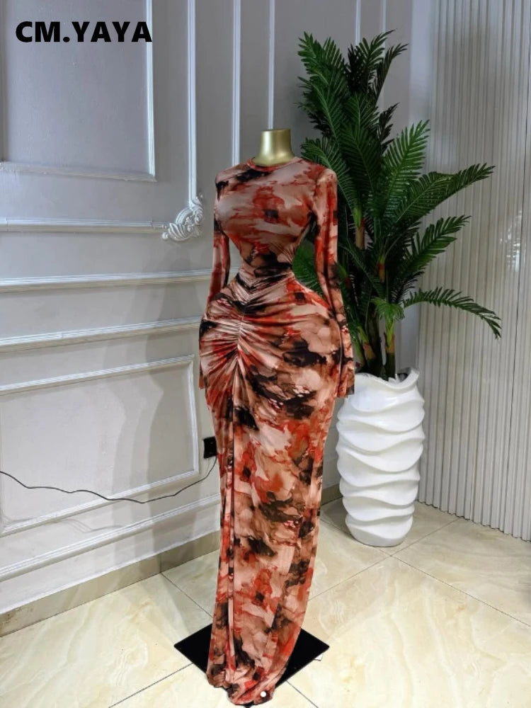 Hackensack Tie Dye Print O-neck Ruched Bodycon Long Maxi Dress