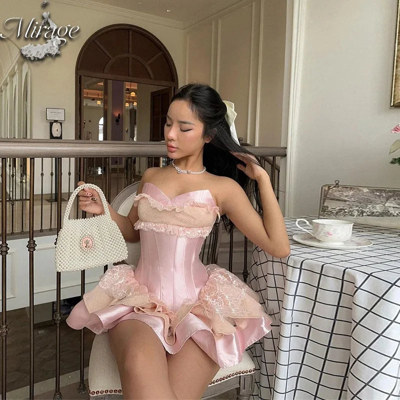 Hillcrest Elegant Gown Customized  Pink Party Sweetheart Lace Puff Prom Mini Dress