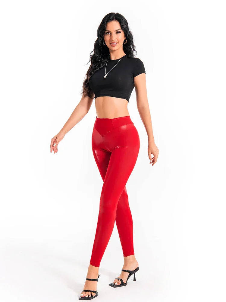 Morrestown Luster Shiny Elasticity Printing Leggings Slim Elastic Leather Pants