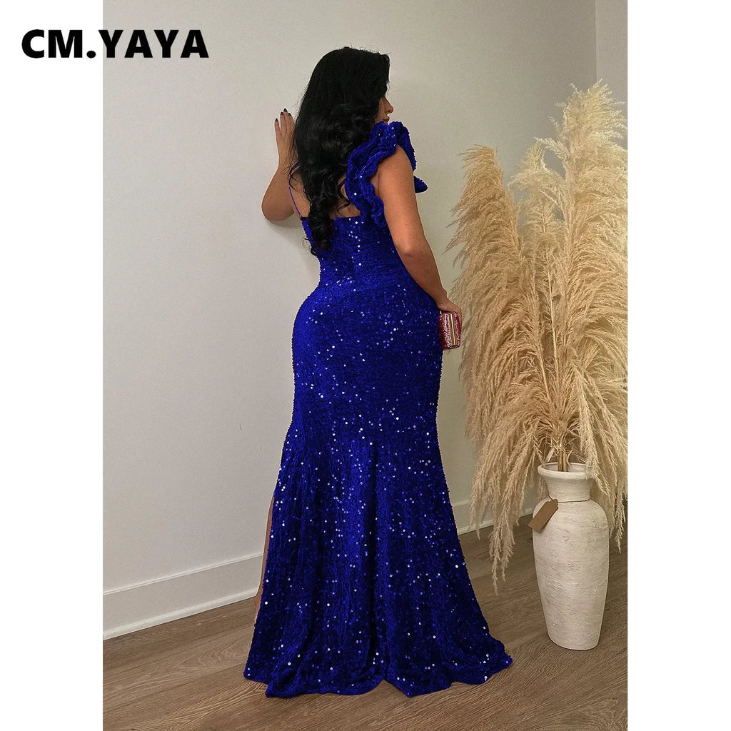 Trenton One Shoulder Open Back Sequined High Side Split Mermaid Maxi Dress