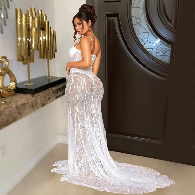 Harlem See Through Lace Mermaid Evening Dress Nightclub Spaghetti Strap