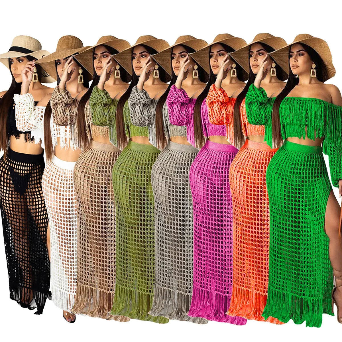 Off Shoulder Tassel Hollow Out Beach Set