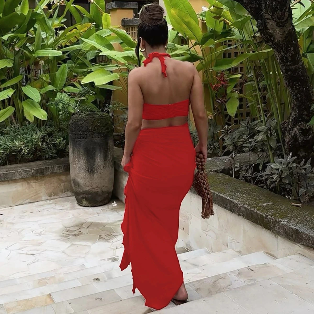 Ogdensburg Strapless Tie Flower Draped Sexy Crop Tank Slit Tassel Set