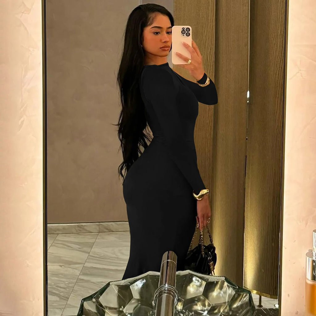 Shore Beach Solid Long Sleeve Draped Sexy Bodycon Maxi Party Dress