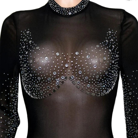 Union Square Fashion Sexy Mesh Perspective Hot Drill Long Sleeve Jumpsuit