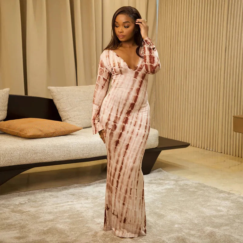 Tie Dye Printed V Neck Long Sleeve Bodycon Maxi Dress
