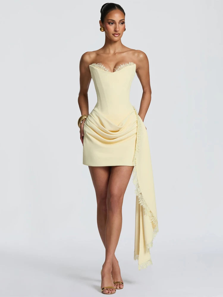 Telaby Lace Trim Patchwork Strapless Ribbon Bodycon Dress