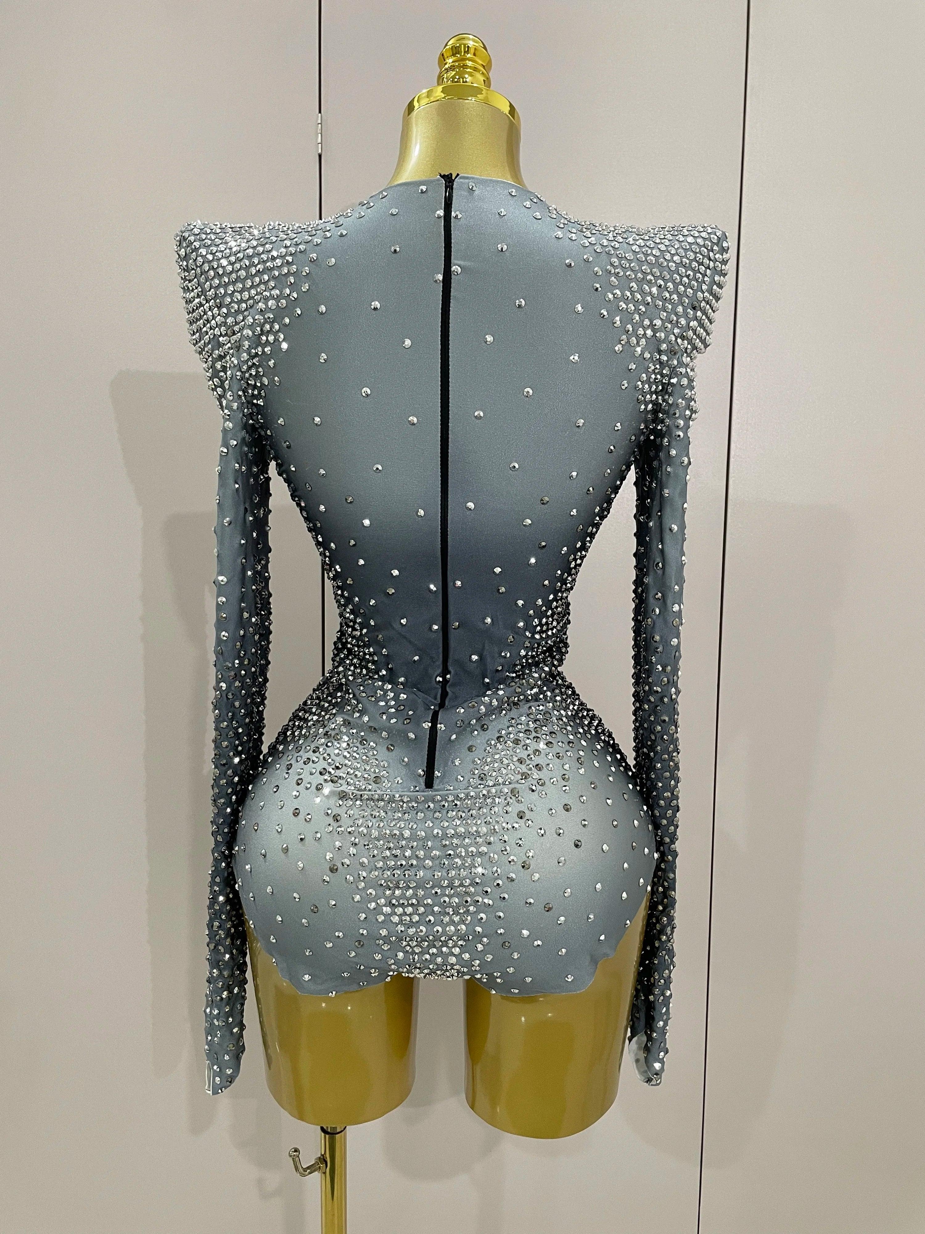 Norwish Sparkle Silver Rhinestones Long Sleeve Stretch Romper