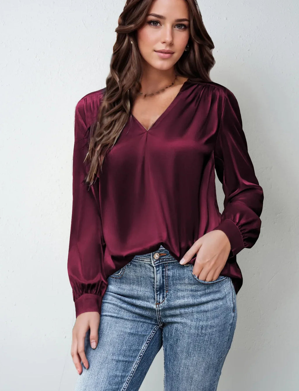Elmer Solid Color V-Neck Long Sleeve Office Loose Elegant Blouse