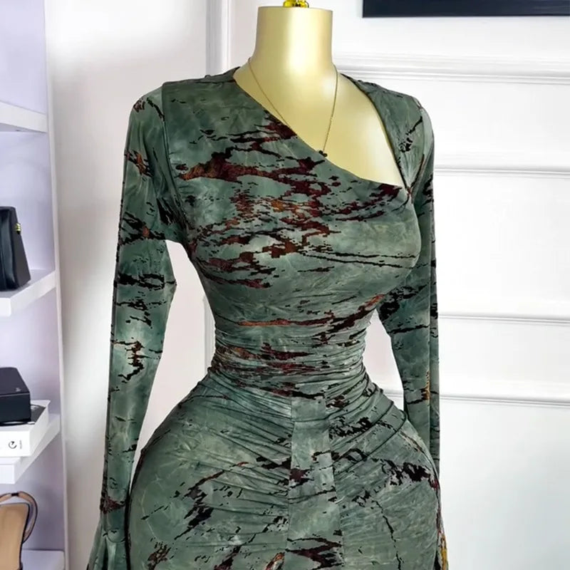 Vermella Printed Skew Neck Flare Long Sleeve Ruched Long Dress