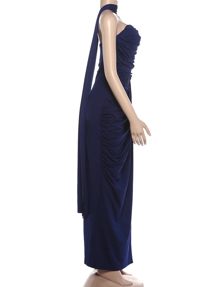Madrid Folds Elegant Long Ribbon High Slit Chest Wrap Maxi Dress