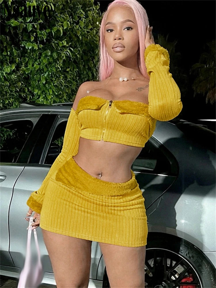 Tony Ribber Knitted Sexy Off Shoulder Two Piece Sets