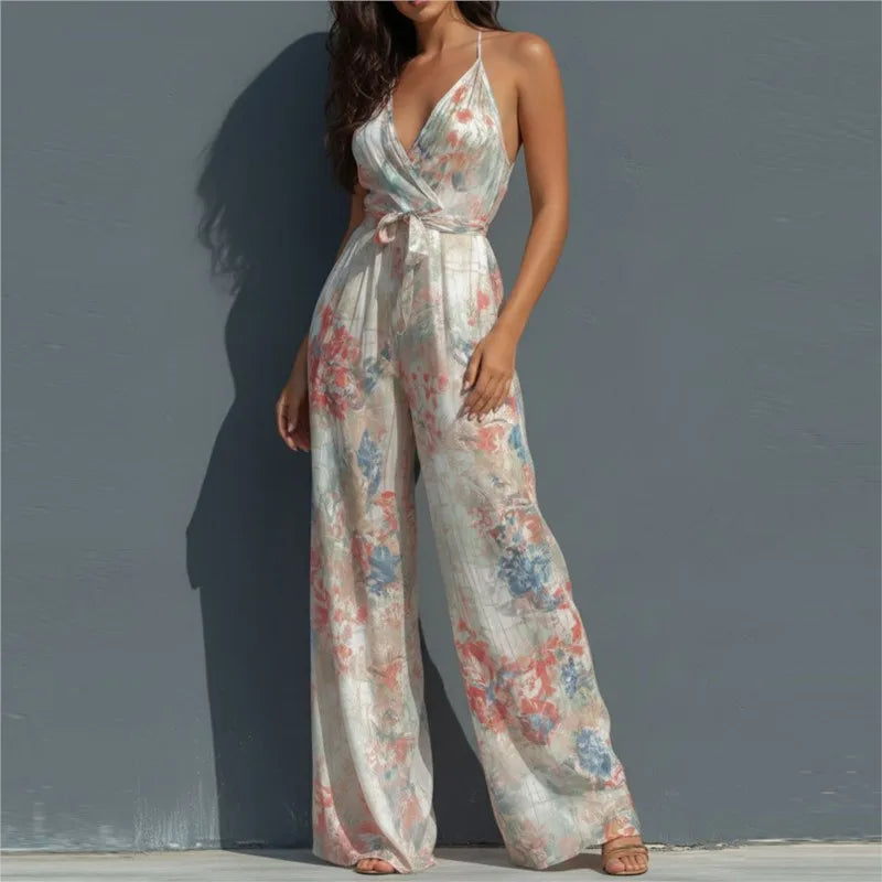Fashion Elegant Long Jumpsuit Women Sexy Backless Wide Leg Jumpsuits Casual Sleeveless Floral Rompers Summer Clothes Jumpsuits