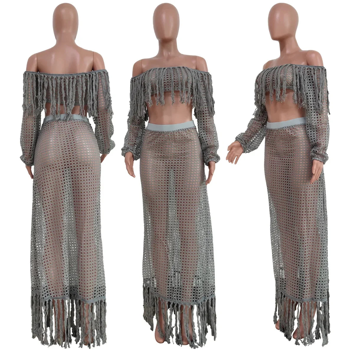 Off Shoulder Tassel Hollow Out Beach Set