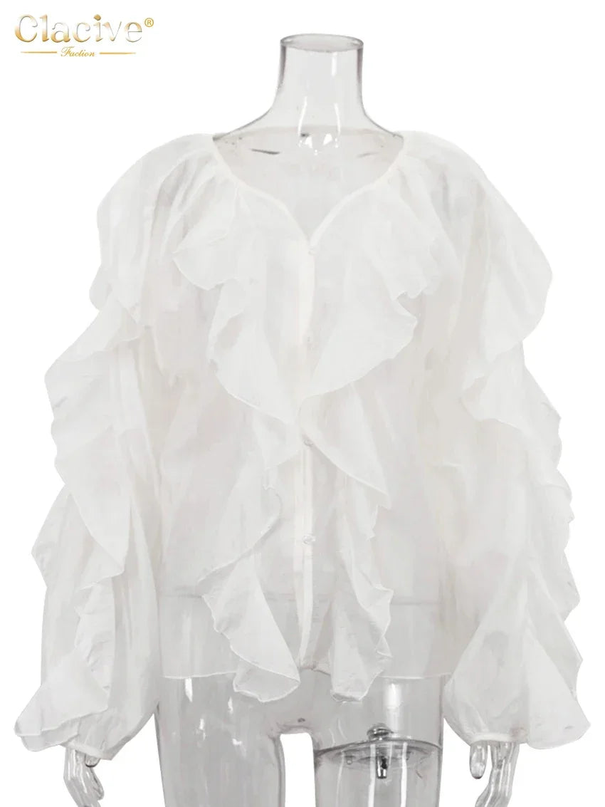 Slatington V-Neck Long Sleeve Elegant Classic Ruffle Solid Top