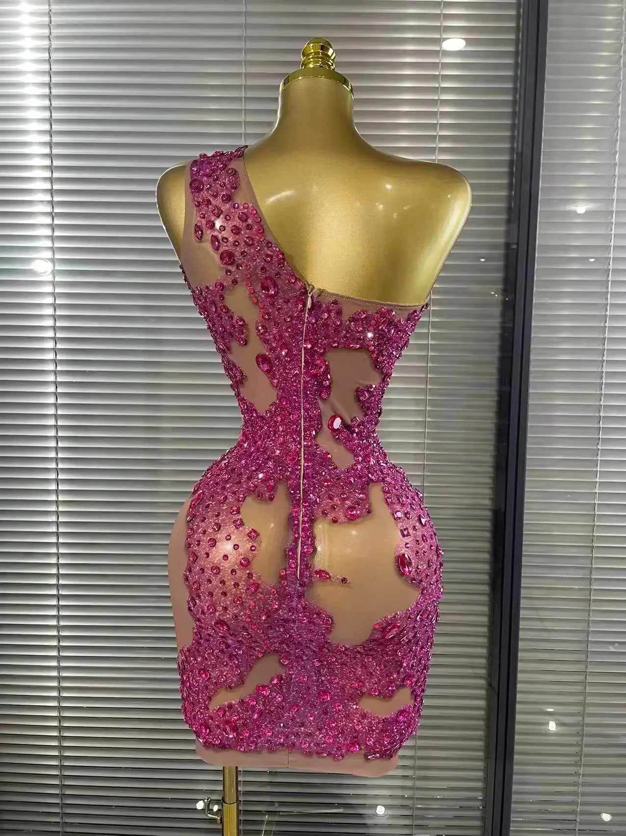 Harper Ferry Shining Rosered Crystal Sexy One Shoulder Mesh See Through Bodycon Mini Dress