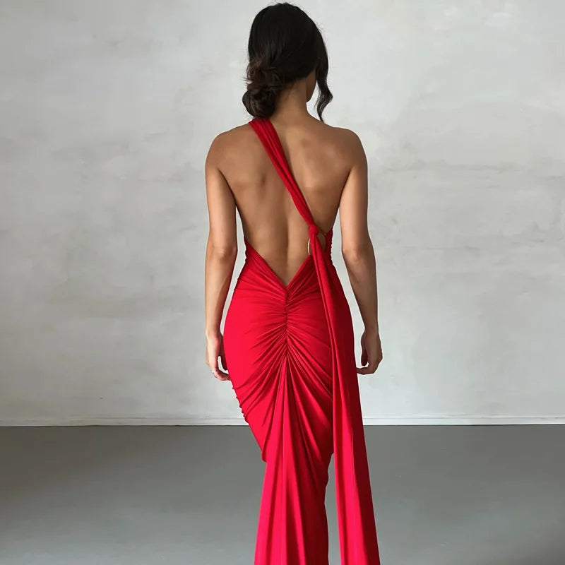 Jefferson One Shoulder Sleeveless Backless Ruched Bodycon Maxi Dress