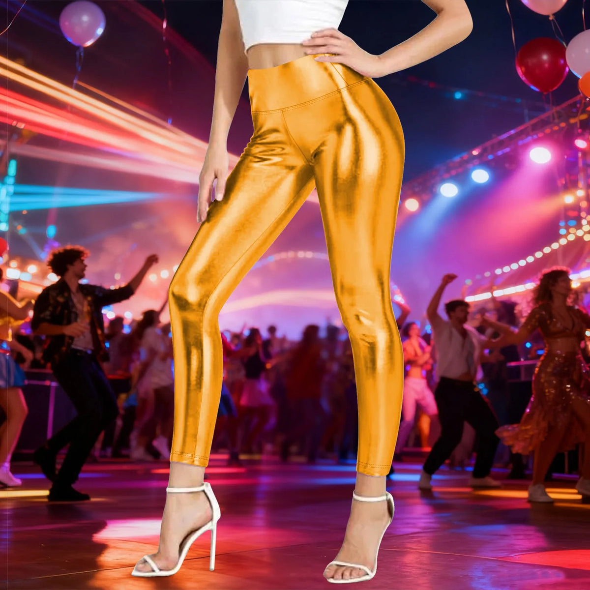 Santori Shiny Faux Pu Leather Leggings Metallic High Waist Stretchy Pencil Pants