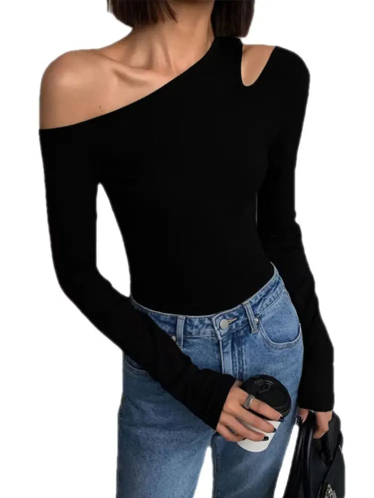 Union City Skew Collar Off Shoulder Long Sleeved T Shirts New Solid Slim Fit Crop Top