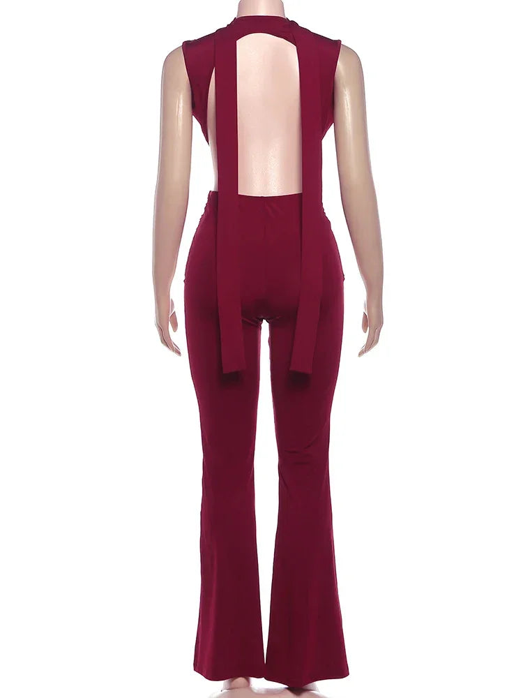 Syracuse Ruched Waistless Metal Cross Hollow Bandage Coquette Midnight Jumpsuit