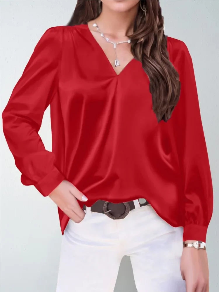 Elmer Solid Color V-Neck Long Sleeve Office Loose Elegant Blouse
