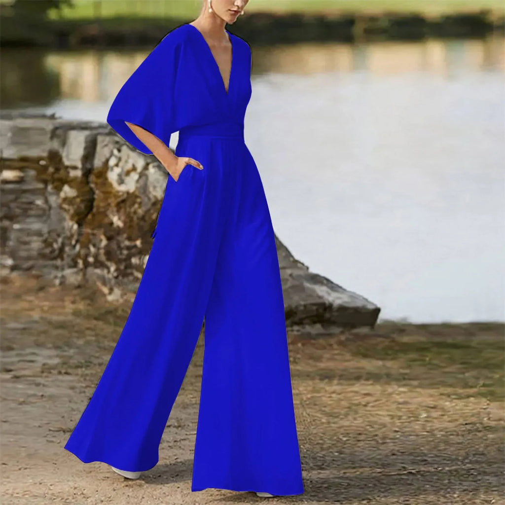 Deep V-Neck Half Solid Casual One-Piece