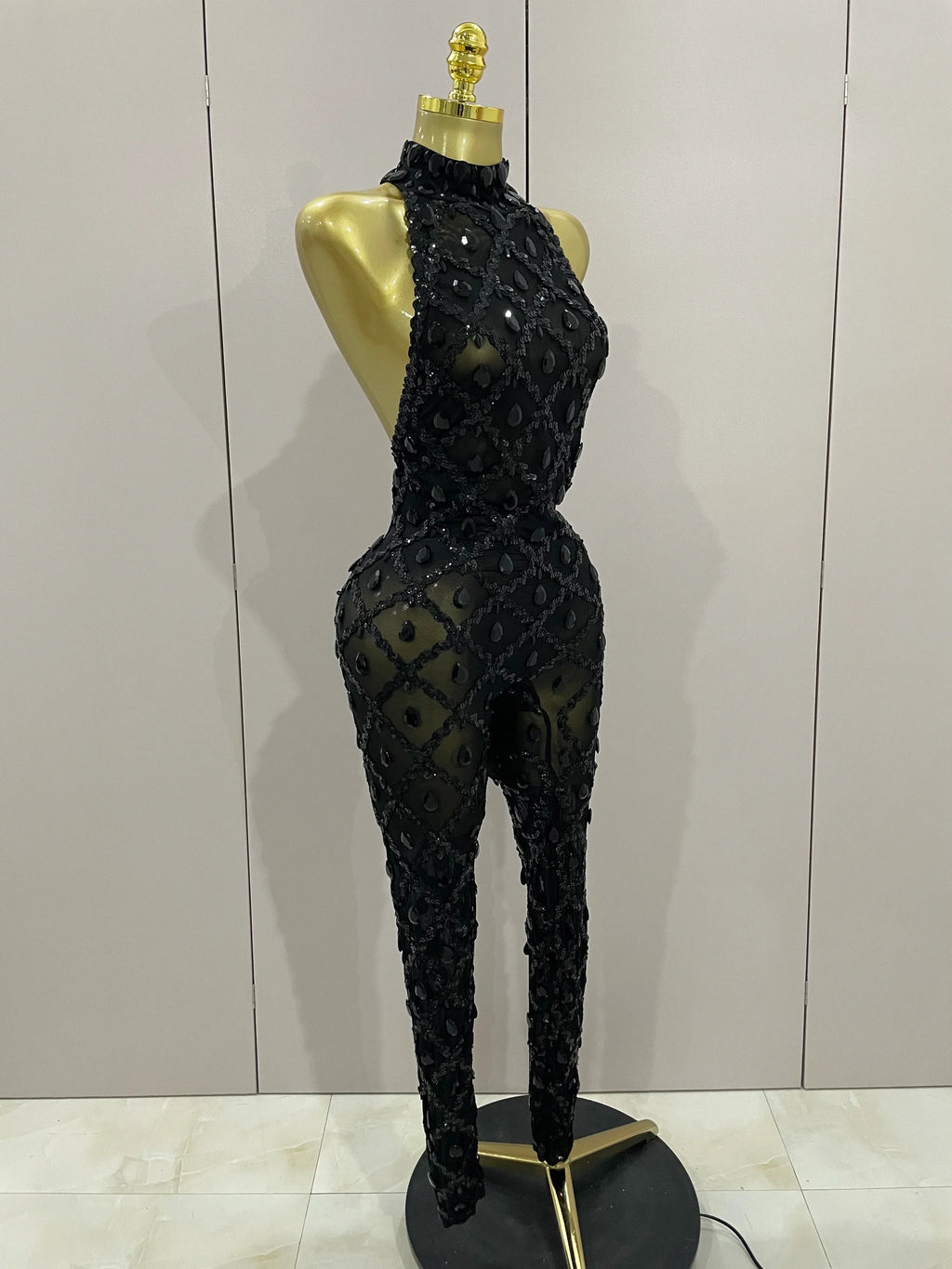 Scranton Sparkly Black Diamond Mesh See THhrough Jumpsuit