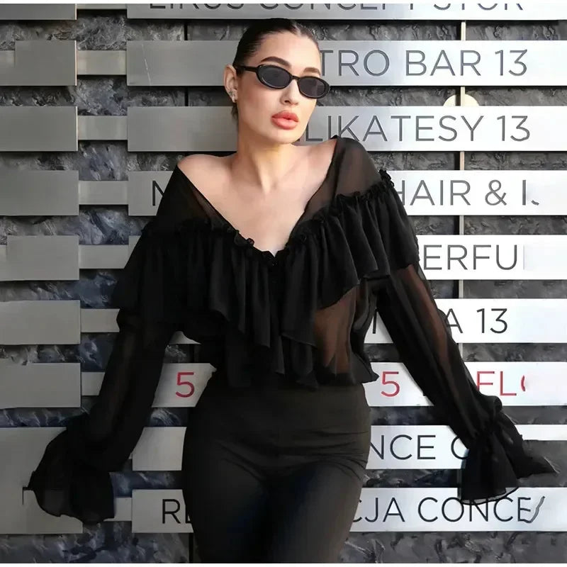 Allentown White Chiffon V-Neck Sexy See Through Shirt Beach Blouse