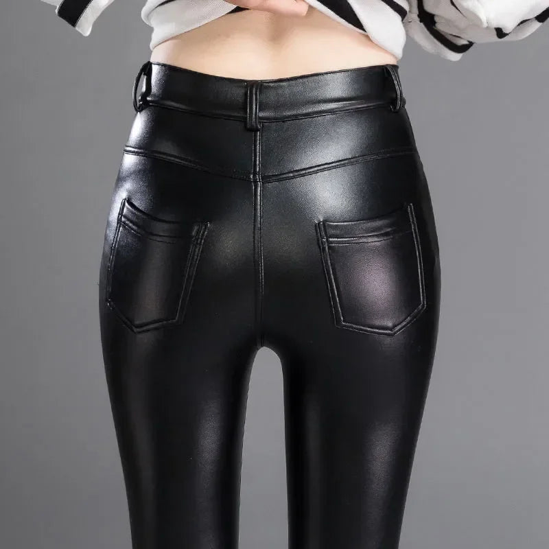 Green Pond PU Leather Leggings Pencil Pants with Thermal Lining Female High-Waisted Stretchy