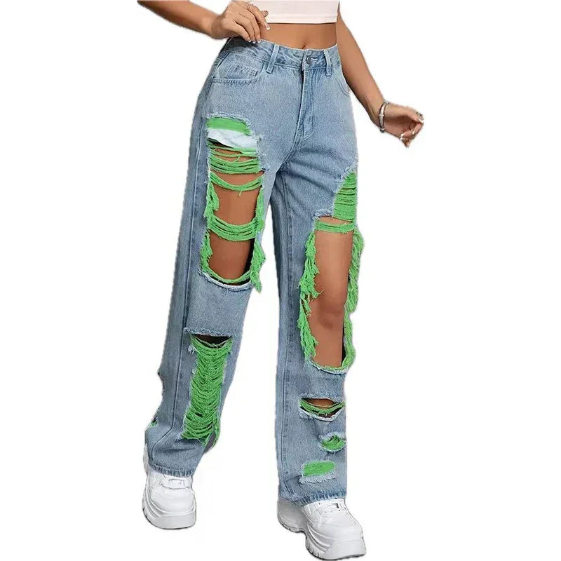 Harvey Cedar Light Washed Ripped High Waist Baggy Straight Leg  Denim