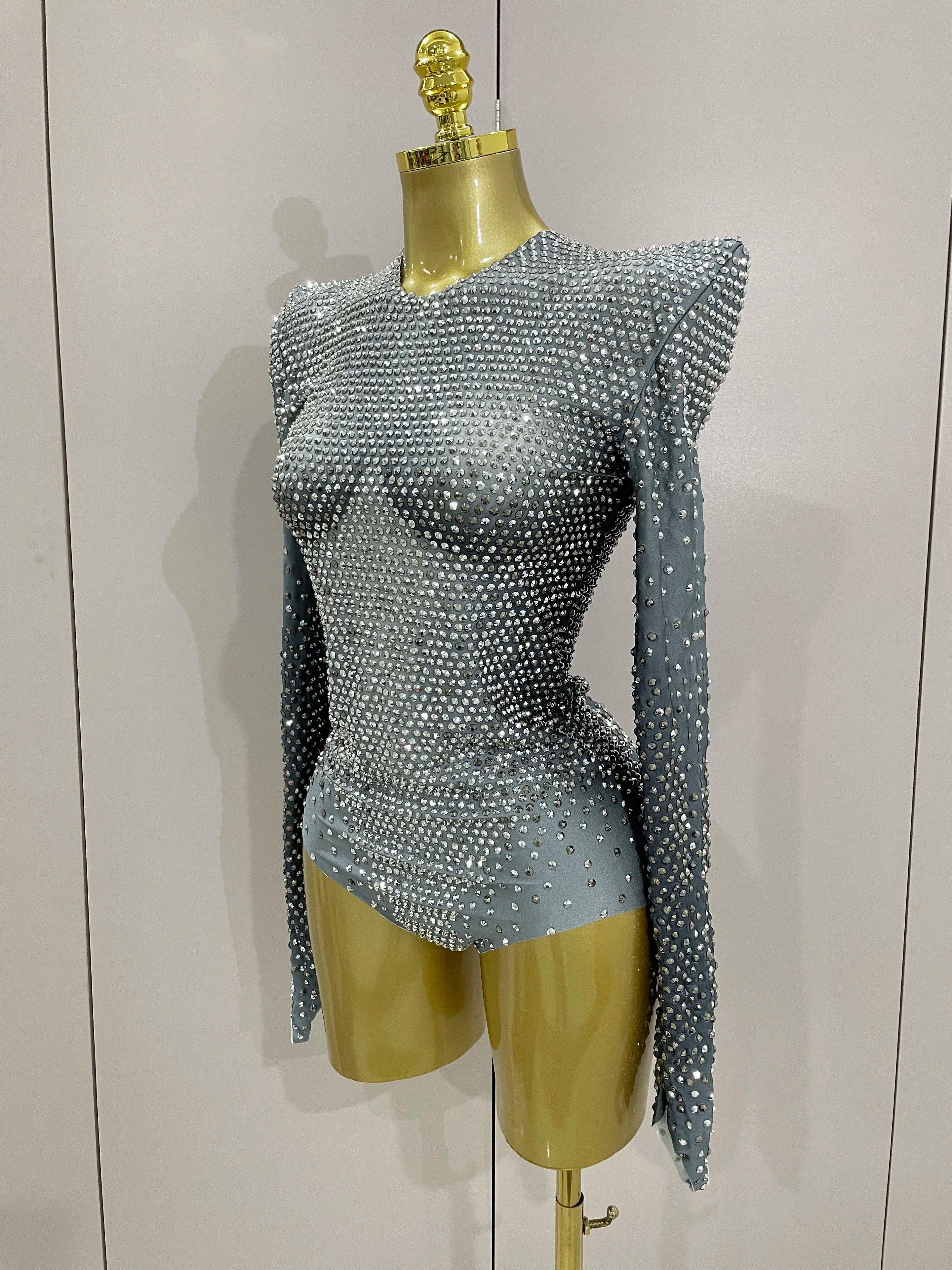Norwish Sparkle Silver Rhinestones Long Sleeve Stretch Romper