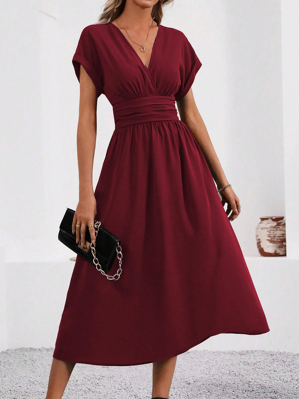 Guachupita Solid-Color V Neck Batwing-Sleeve Pleated Long Elegant Dress