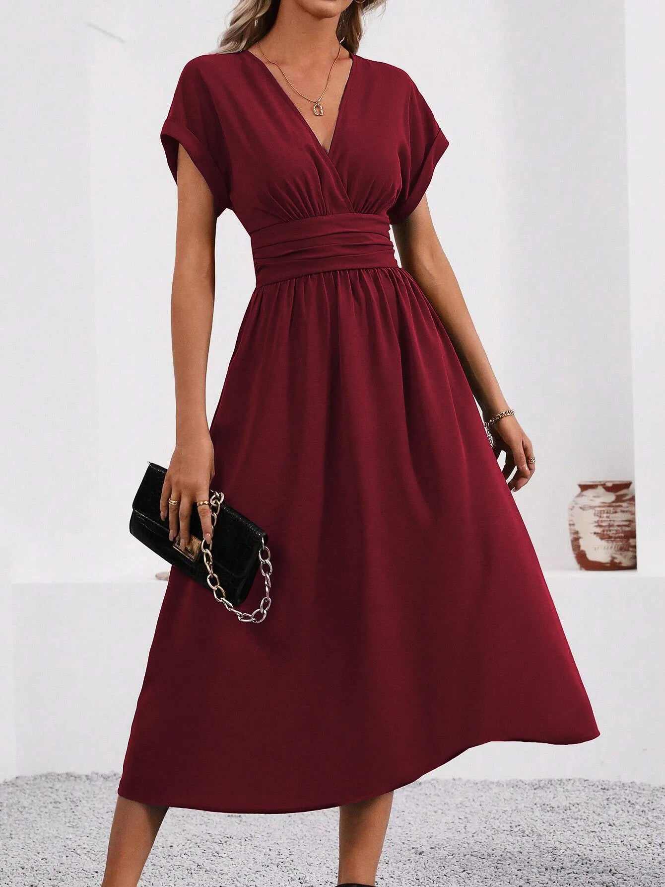 Guachupita Solid-Color V Neck Batwing-Sleeve Pleated Long Elegant Dress