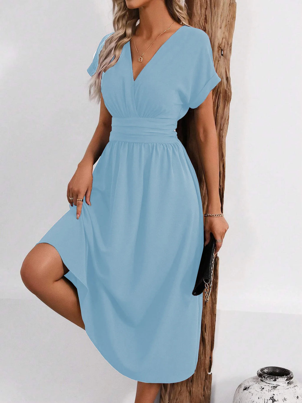Guachupita Solid-Color V Neck Batwing-Sleeve Pleated Long Elegant Dress