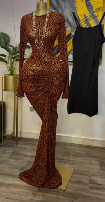 Peru Long Sleeve Stacked Mesh See Though with Lining Bodycon Long Dress