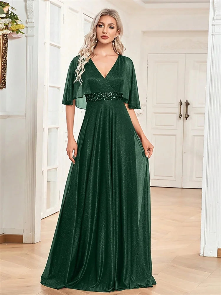 Pocono Elegant Shining Bat Sleeve Formal Evening Luxury A-line Gowns Dress