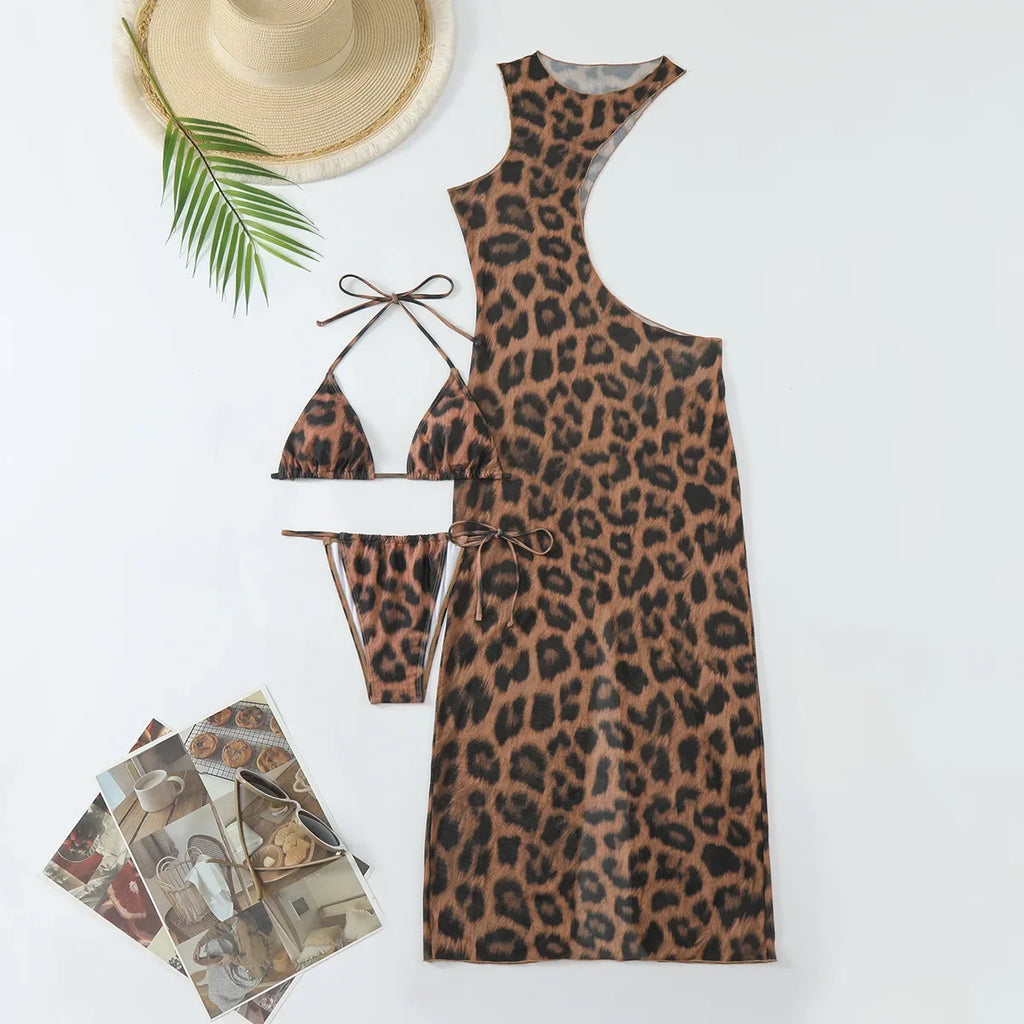 New Bedford Cutout Leopard Printed Sexy Long Swimsuit Set