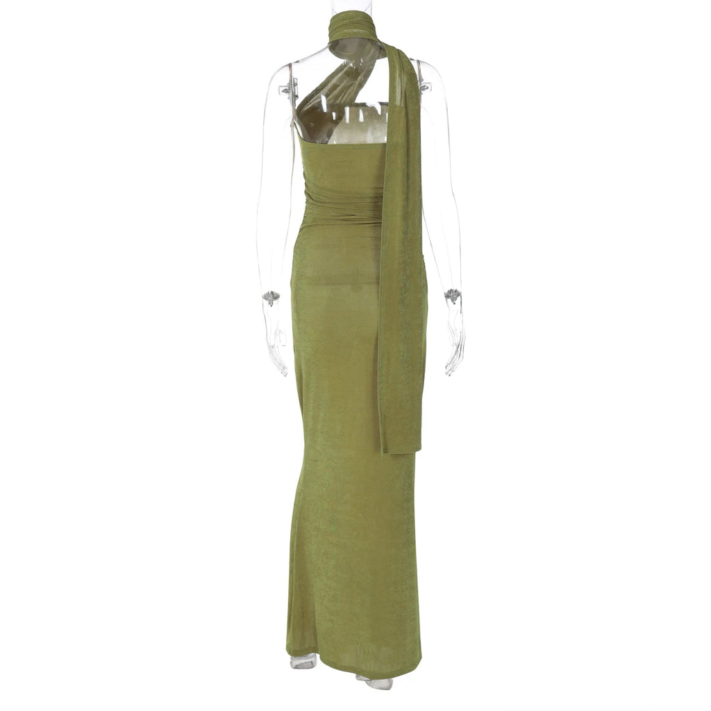 Chicago Halter Solid Sleeveless Backless Ruched Sexy Bodycon Maxi Prom Dress