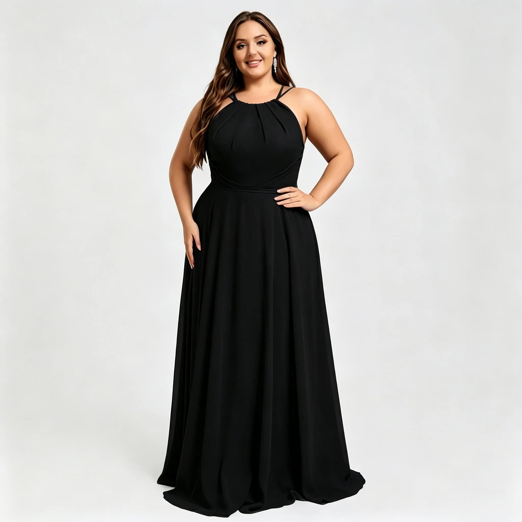 Los Mina Plus Size Halter Chiffon Bridesmaid Spaghetti Straps A Line Maxi Dress