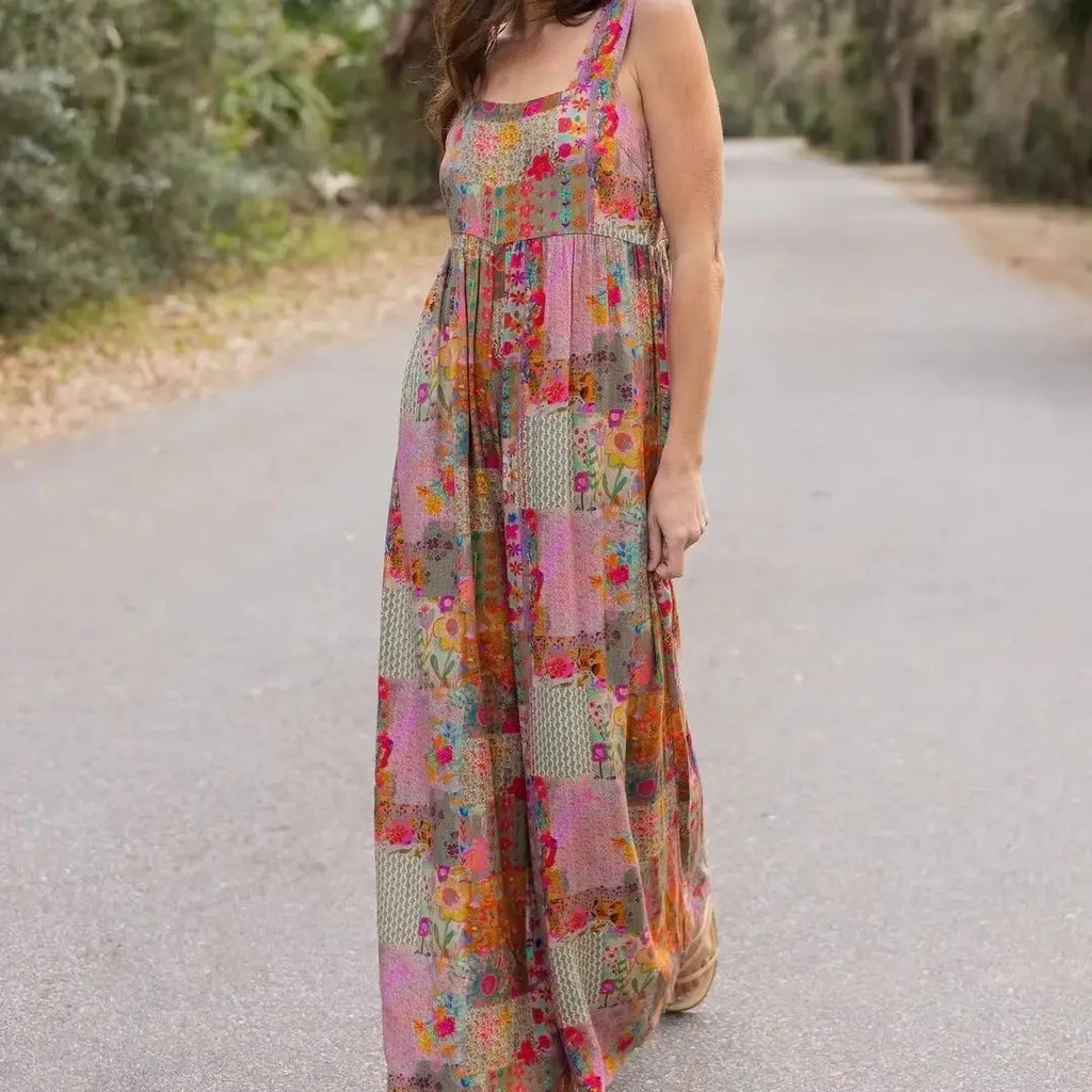 Plus Size Women Boho Floral Jumpsuit 2026 Summer Sleeveless Wide Leg Elastic Waist