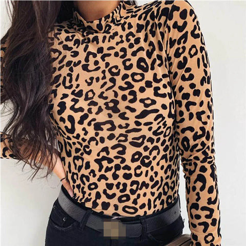 Hudson Yards Leopard Print Turtle Neck Blouse Autumn Long Sleeve Tops