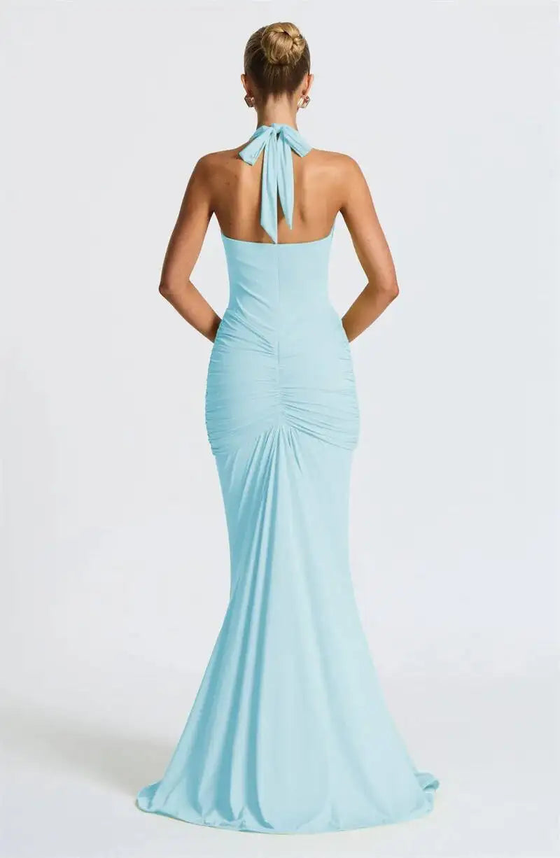 Deep V Neck Draped Ruched Sexy Halter Sleeveless Backless Club Party Long Dress
