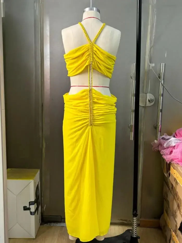 Grand Remous Irregular Low Waist Slit Sleeveless Hanging Neck Chain Chiffon Dress
