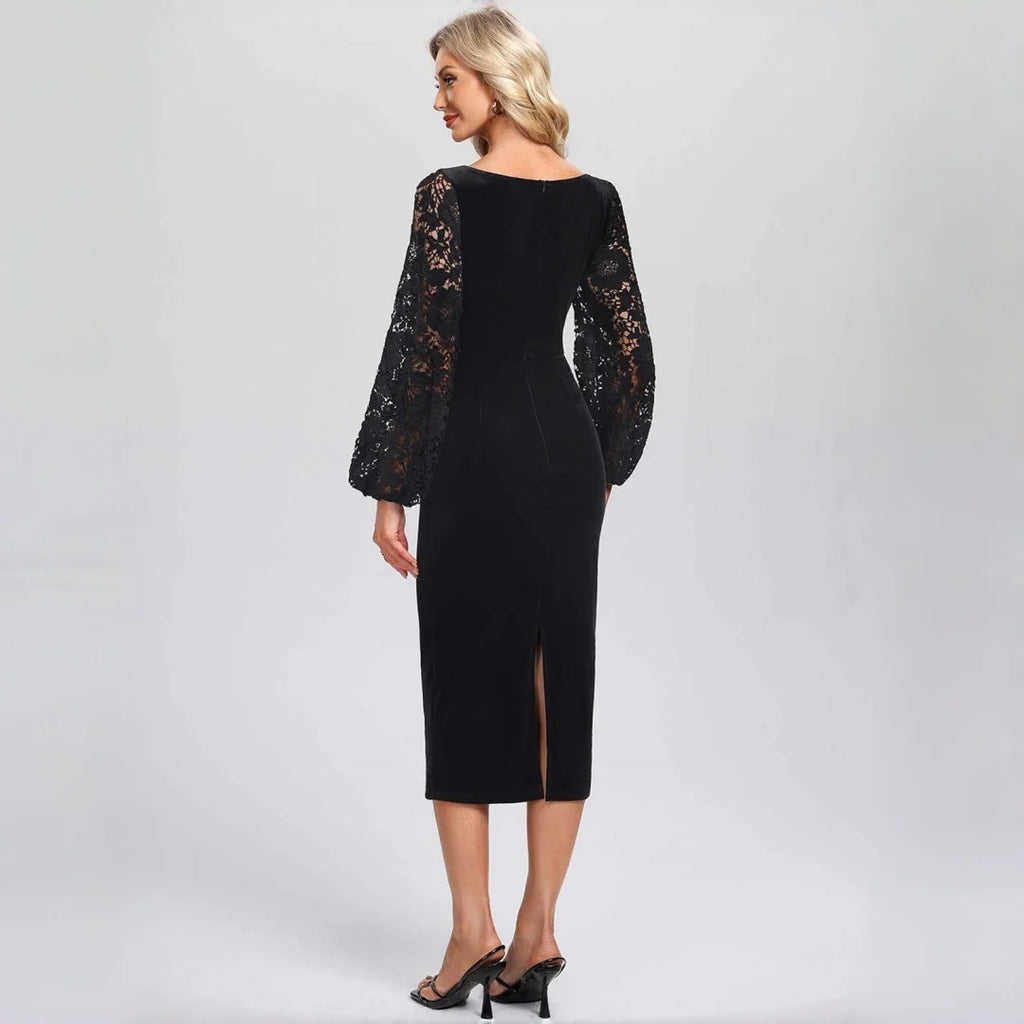 Bushwick Black Velvet Midi Bodycon Square Neck Lace Puff Long Sleeve Ruched Waist Dress