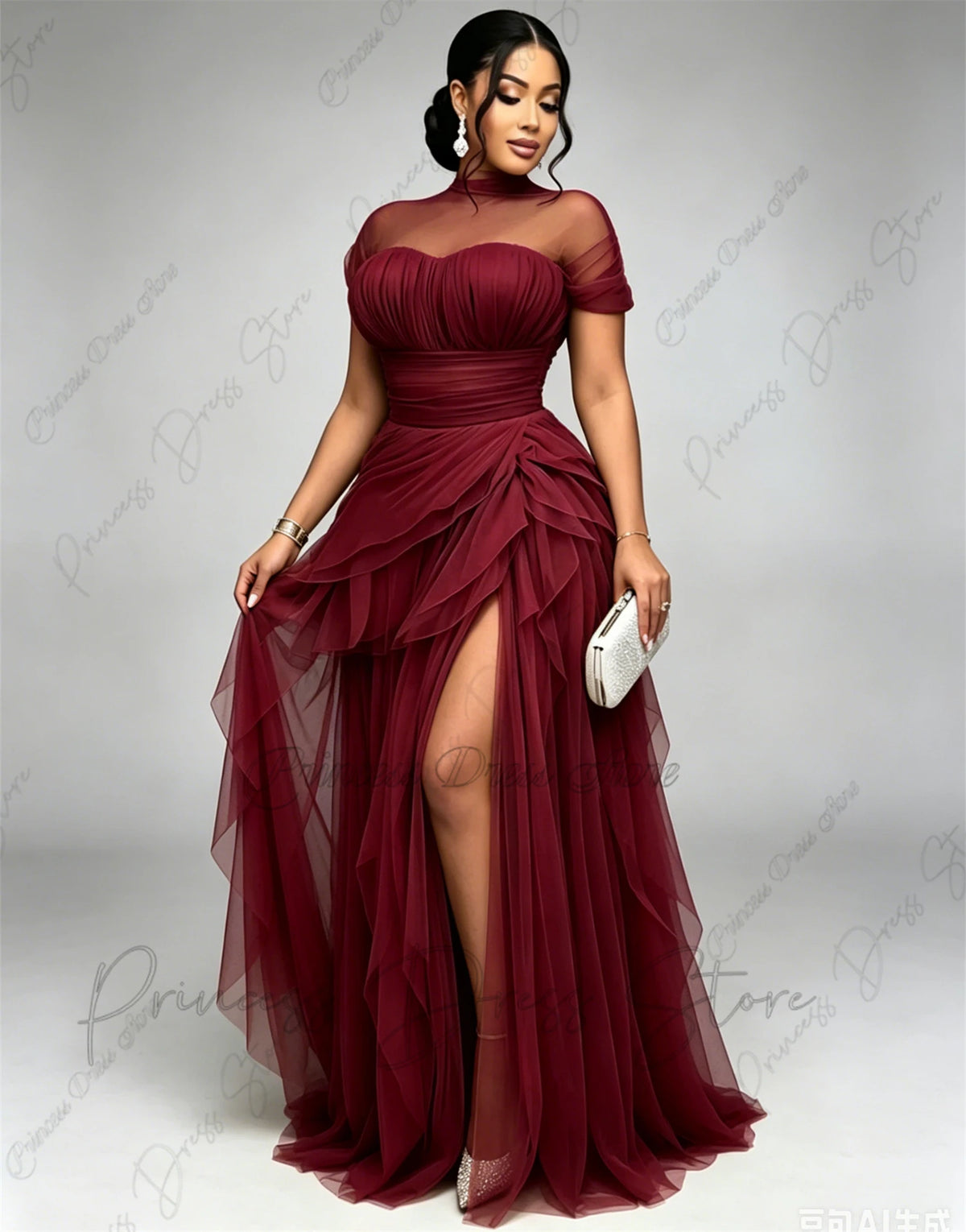 Bani Elegant Pleats Tulle Split Long Evening Gowns Birthday Party Dress