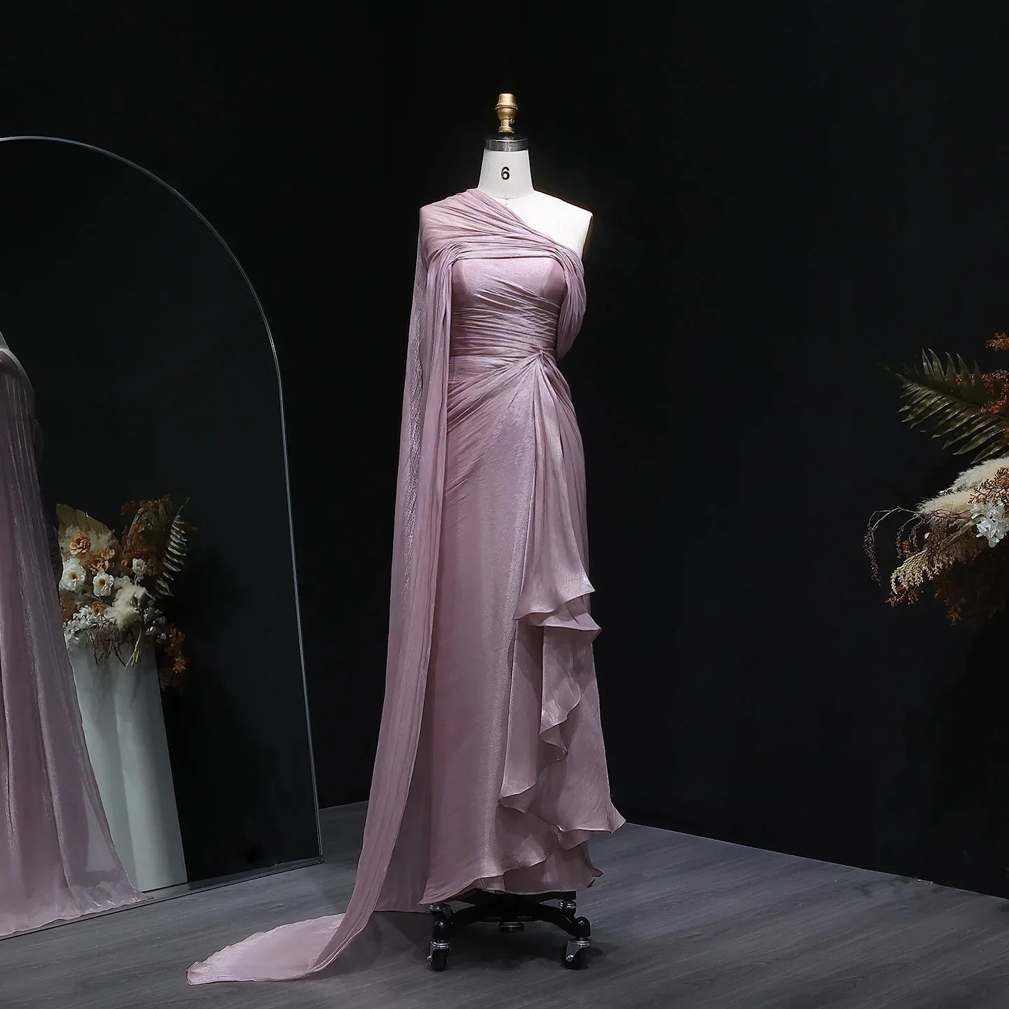 Mountainside Elegant One Shoulder Evening with Draped Cape Arabic Dress